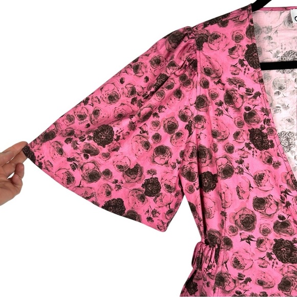 GANNI Rose Print Organic Cotton Pink & Black Rose Print Wrap Dress Size 6 - Picture 4 of 10